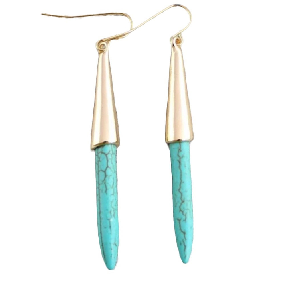 Pointed Spindle Shape Earrings in Silver Alloy and Turquoise